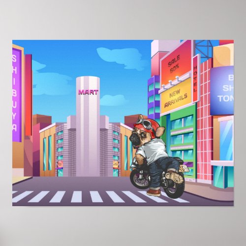 French Bulldog Riding Motorcycle In City Poster