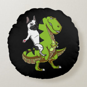 French Bulldog Riding T-Rex Dinosaur Funny Dog Round Pillow