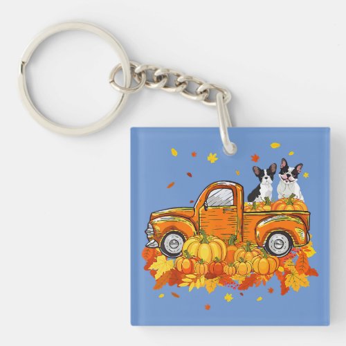 French Bulldog Riding Truck Pumpkin Autumn Leaves  Keychain