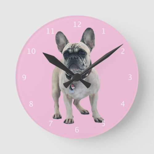 French Bulldog round wall clock on pink background