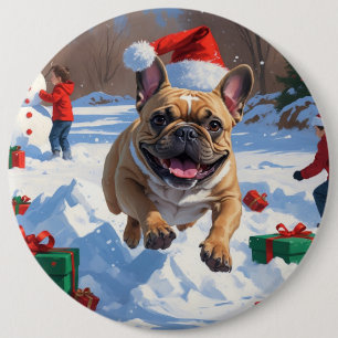 French Bulldog Running in Snow with Christmas Hat Button