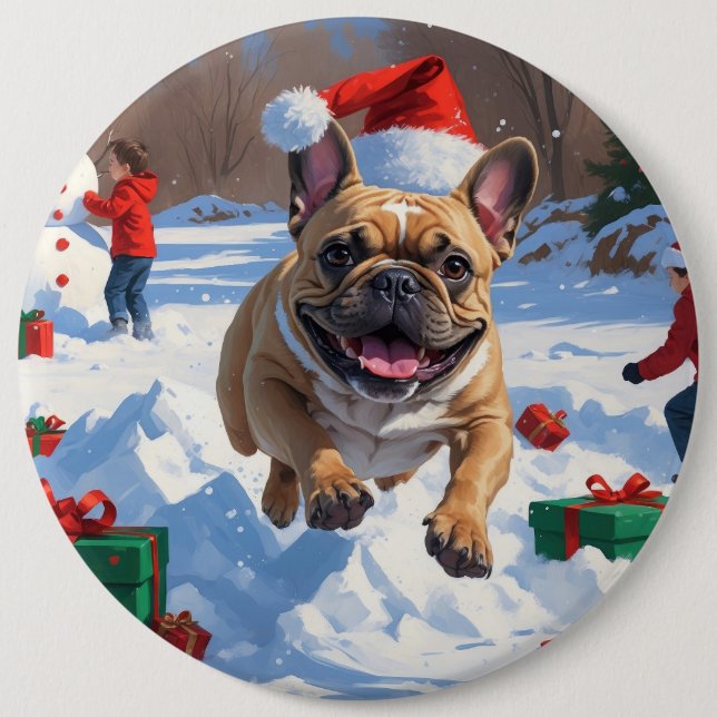 French Bulldog Running in Snow with Christmas Hat Button (Front)