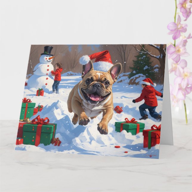 French Bulldog Running in Snow with Christmas Hat Card (Orchid)