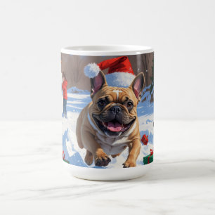 French Bulldog Running in Snow with Christmas Hat Coffee Mug