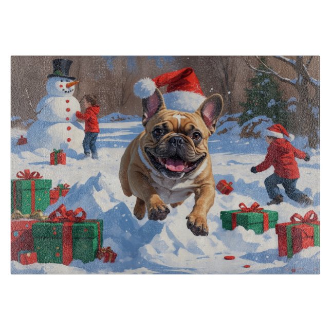 French Bulldog Running in Snow with Christmas Hat Cutting Board (Front)