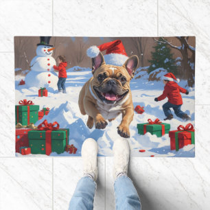 French Bulldog Running in Snow with Christmas Hat Doormat