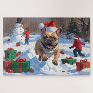 French Bulldog Running in Snow with Christmas Hat Jigsaw Puzzle