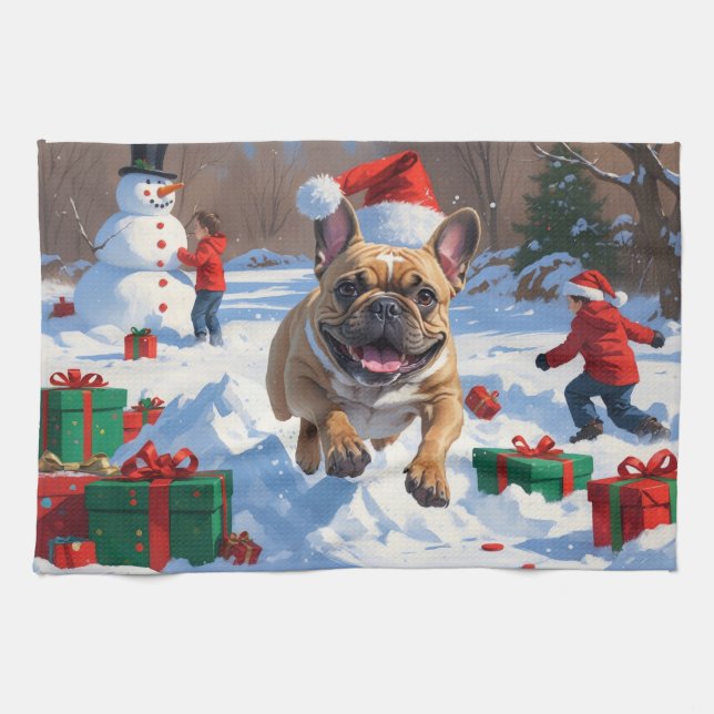 French Bulldog Running in Snow with Christmas Hat Kitchen Towel (Horizontal)
