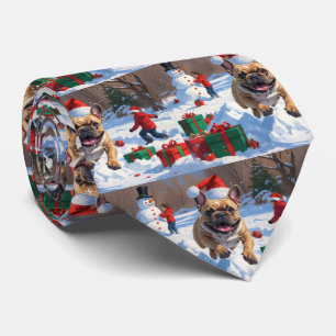 French Bulldog Running in Snow with Christmas Hat Neck Tie