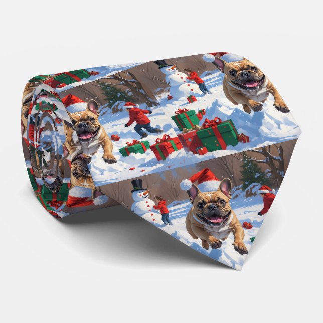 French Bulldog Running in Snow with Christmas Hat Neck Tie (Rolled)