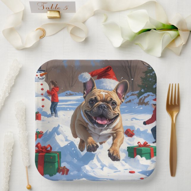 French Bulldog Running in Snow with Christmas Hat Paper Plates (Wedding)