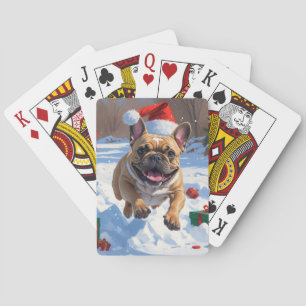 French Bulldog Running in Snow with Christmas Hat Poker Cards