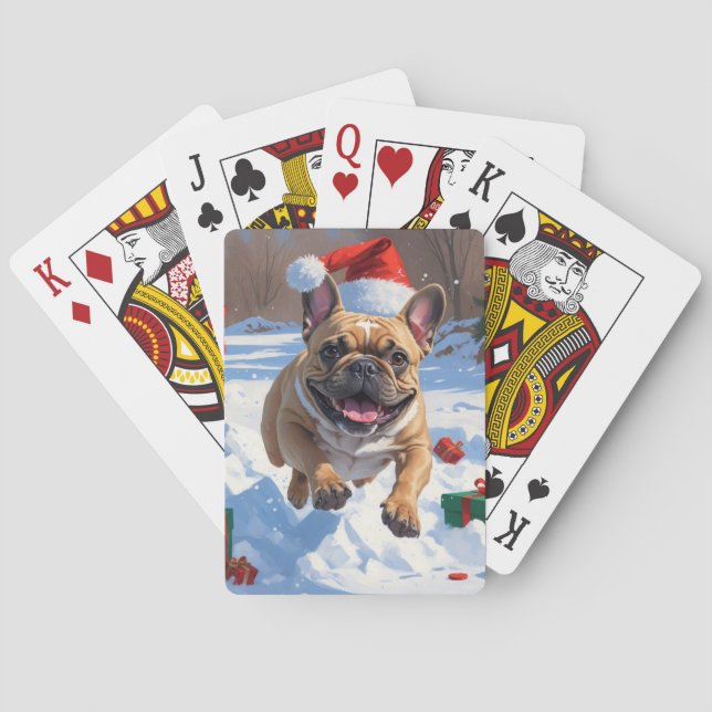 French Bulldog Running in Snow with Christmas Hat Poker Cards (Back)