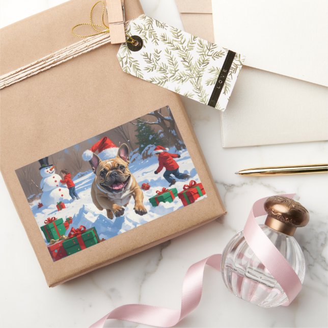 French Bulldog Running in Snow with Christmas Hat Rectangular Sticker (Gifting)