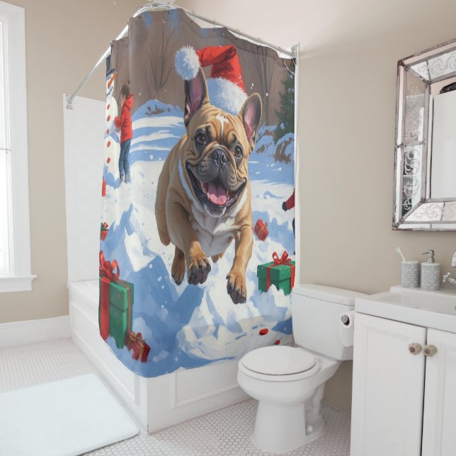 French Bulldog Running in Snow with Christmas Hat Shower Curtain (In Situ)