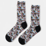 French Bulldog Running in Snow with Christmas Hat Socks