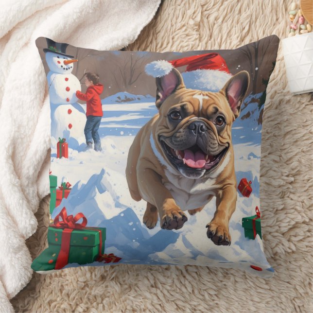 French Bulldog Running in Snow with Christmas Hat Throw Pillow (Blanket)