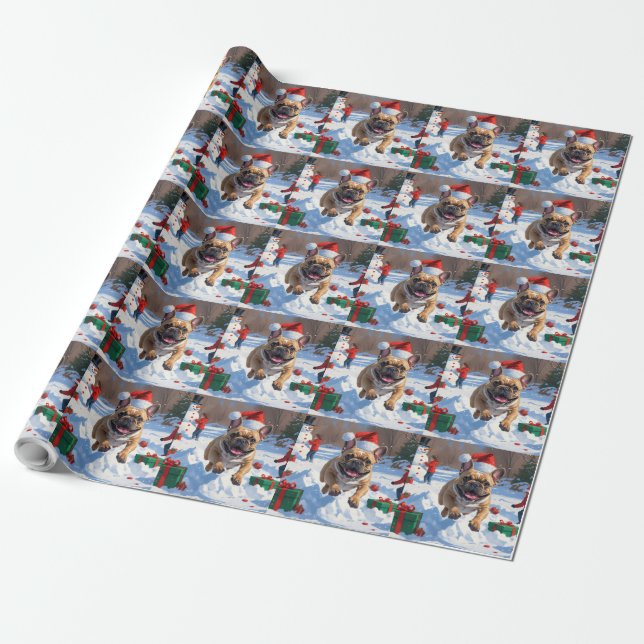 French Bulldog Running in Snow with Christmas Hat Wrapping Paper (Unrolled)