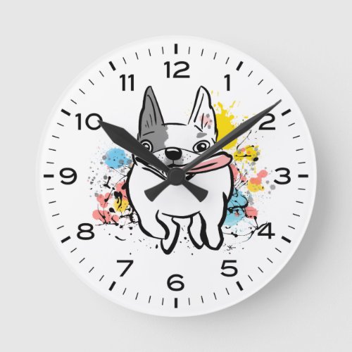 French Bulldog Running with Paint Splatter Round Clock