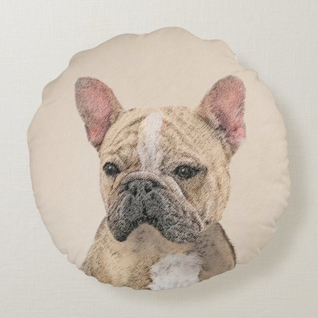 French Bulldog (Sable) Painting - Cute Original Do Round Pillow (Back)