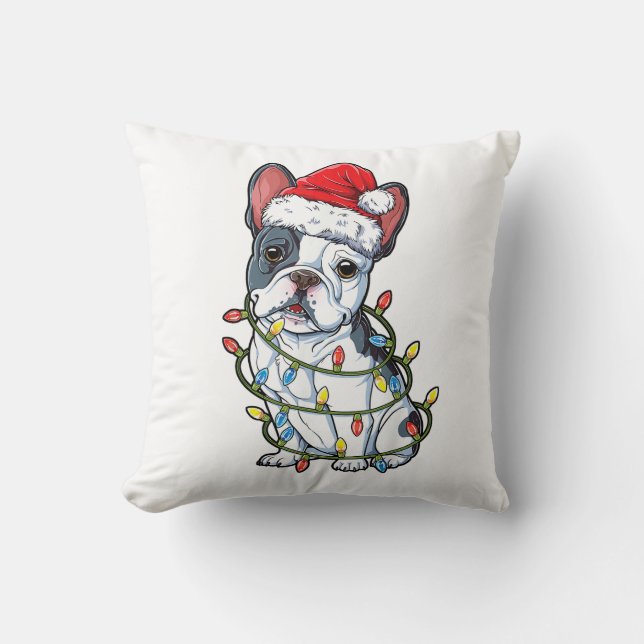 French Bulldog Santa Christmas Tree Lights Xmas Bo Throw Pillow (Front)