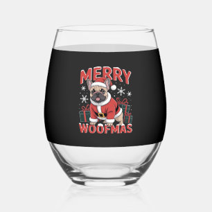 French Bulldog Santa Claus Hat Merry Christmas Dog Stemless Wine Glass