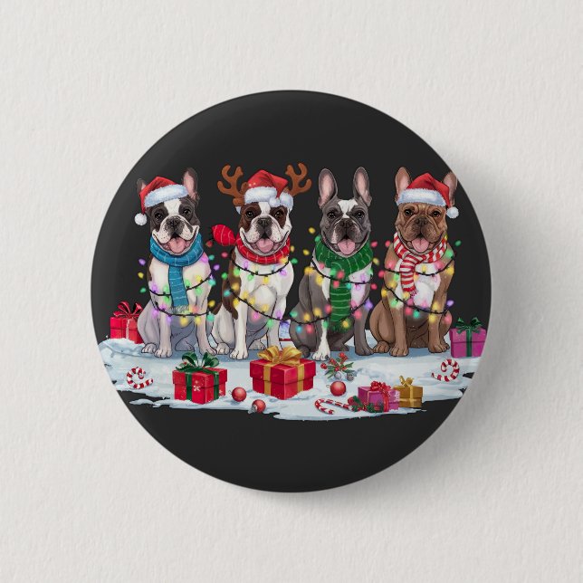 French bulldog Santa hat antlers elf Christmas Button (Front)