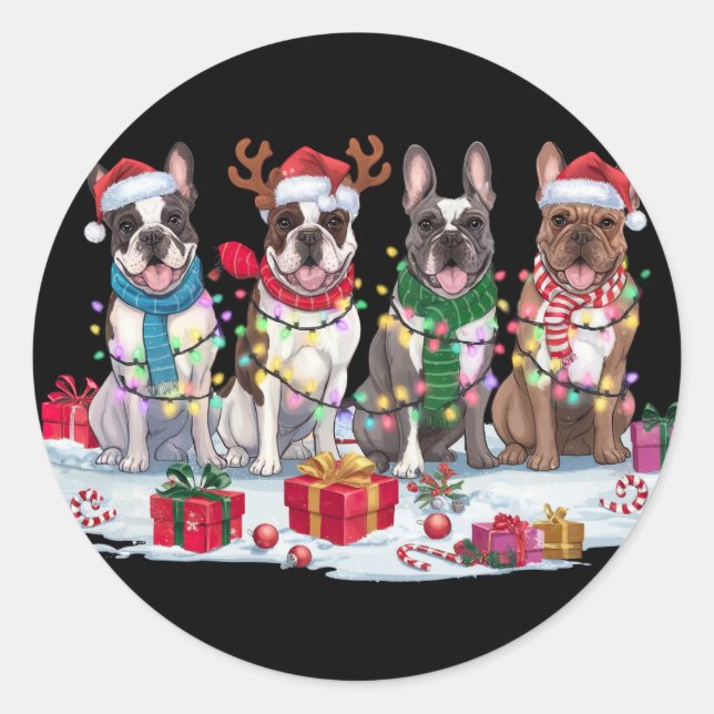 French bulldog Santa hat antlers elf Christmas Classic Round Sticker (Front)