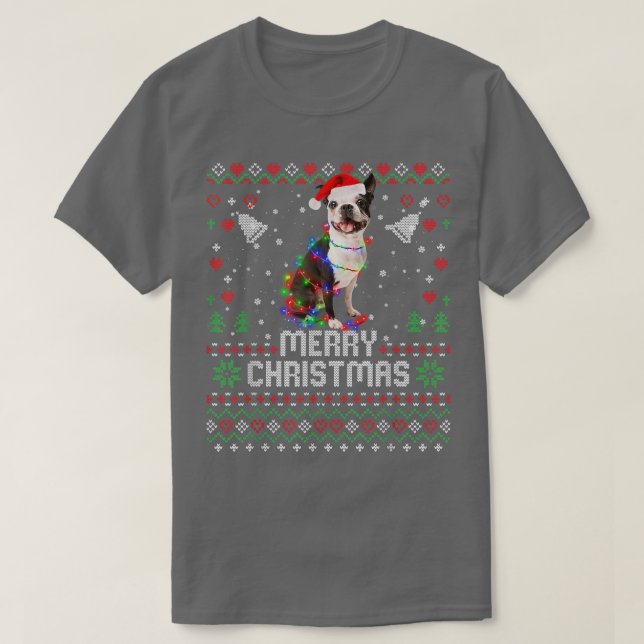 French Bulldog Santa Hat Dog Christmas Tree Lights T-Shirt (Design Front)