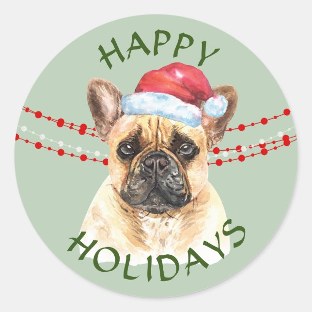 French Bulldog Santa Hat Happy Holidays Classic Round Sticker (Front)