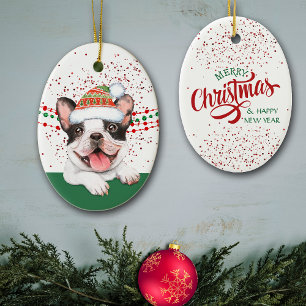 French Bulldog Santa Hat Red Confetti Ceramic Ornament