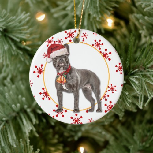 French Bulldog Santa Hat Red Snowflake Christmas Ceramic Ornament