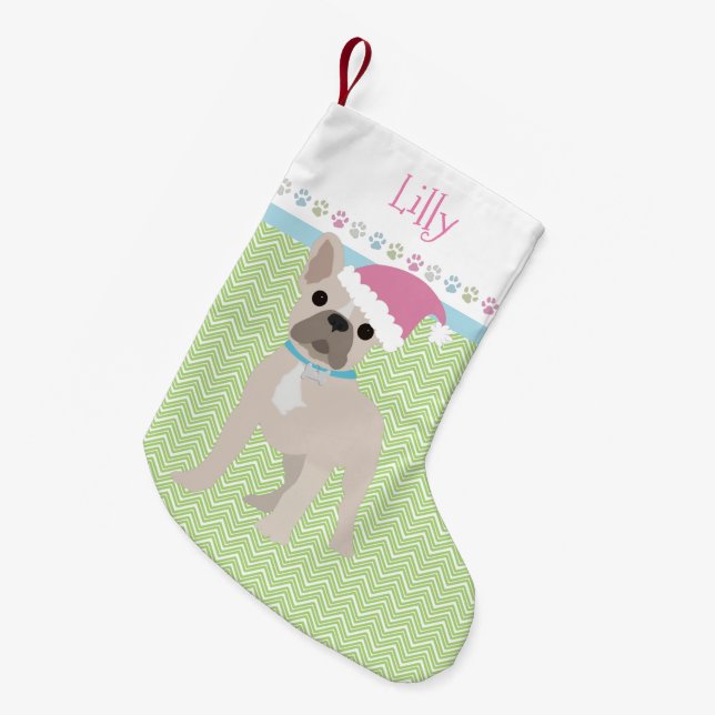 French Bulldog Santa Personalized Pastels Small Christmas Stocking (Front (Hanging))