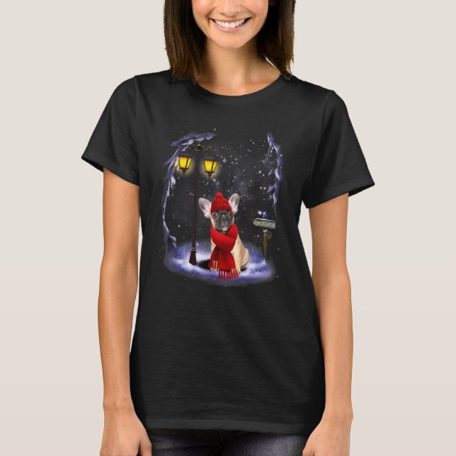 French Bulldog Santa Snow Christmas Light Winter P T-Shirt (Front)