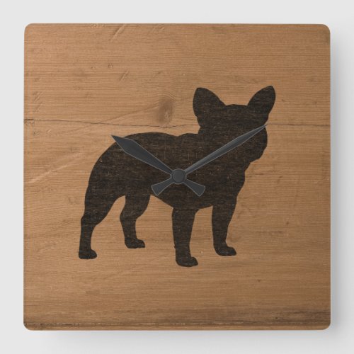 French Bulldog Silhouette  Faux Wood Frenchie Dog Square Wall Clock