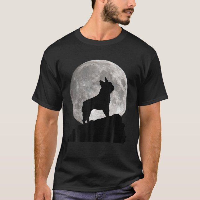 French Bulldog Silhouette Howling In Front Of Moon T-Shirt (Front)