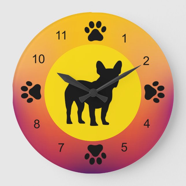 French Bulldog Silhouette Sunset Colors Large Clock (Front)