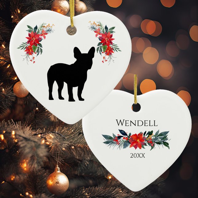 French Bulldog Silhouette with Name Poinsettia  Ceramic Ornament (Creator Uploaded)