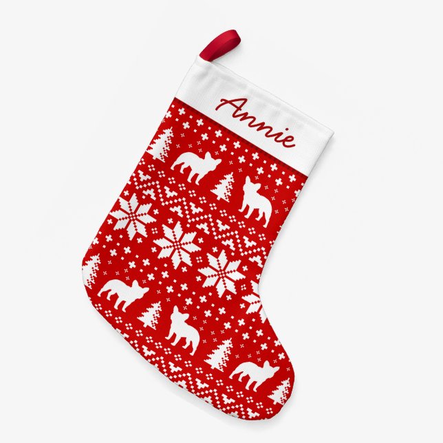 French Bulldog Silhouettes Pattern Red and White Small Christmas Stocking (Front (Hanging))