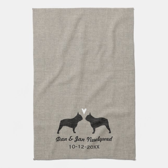 French Bulldog Silhouettes with Heart and Text Towel (Vertical)