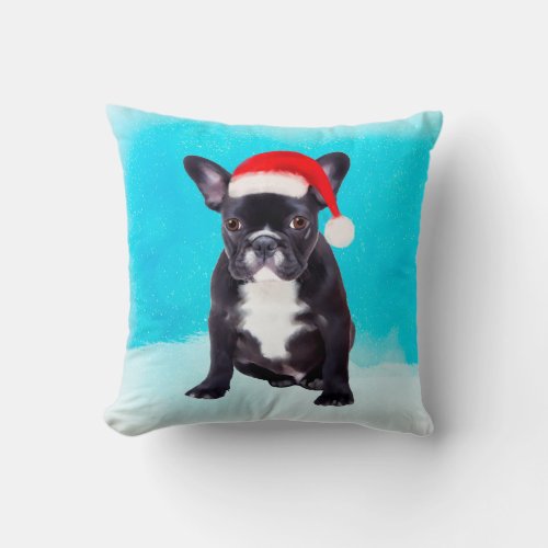 French Bulldog Sitting In Snow With Santa Hat Throw Pillow