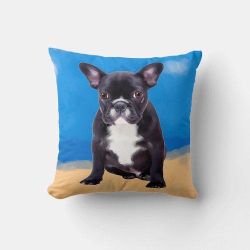 French Bulldog Sitting On Beach Throw Pillow