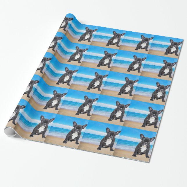 French Bulldog Sitting On Beach Wrapping Paper (Unrolled)