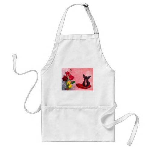 French Bulldog Sitting on Heart Pillow and Flowers Adult Apron