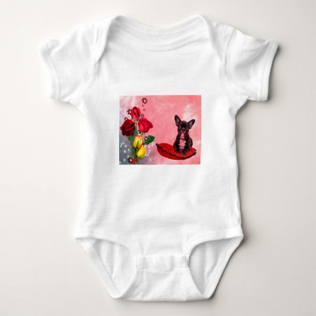 French Bulldog Sitting on Heart Pillow and Flowers Baby Bodysuit (Front)
