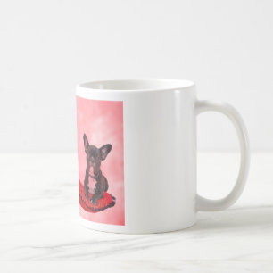 French Bulldog Sitting on Heart Pillow and Flowers Coffee Mug