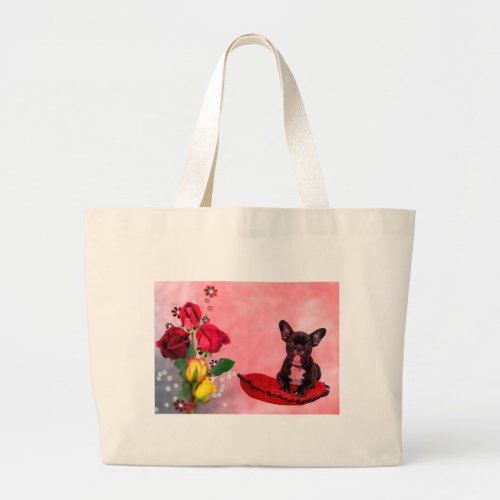 French Bulldog Sitting on Heart Pillow and Flowers Large Tote Bag