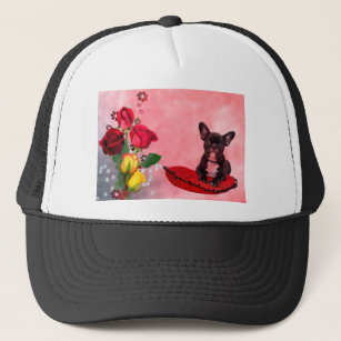 French Bulldog Sitting on Heart Pillow and Flowers Trucker Hat