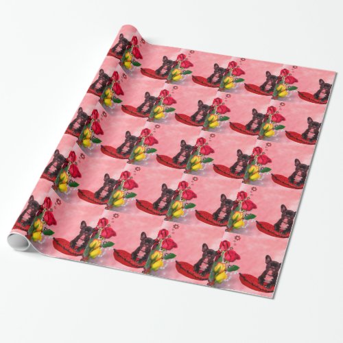 French Bulldog Sitting on Heart Pillow and Flowers Wrapping Paper