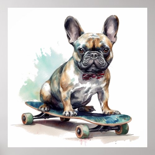 French Bulldog sitting on skateboard Poster